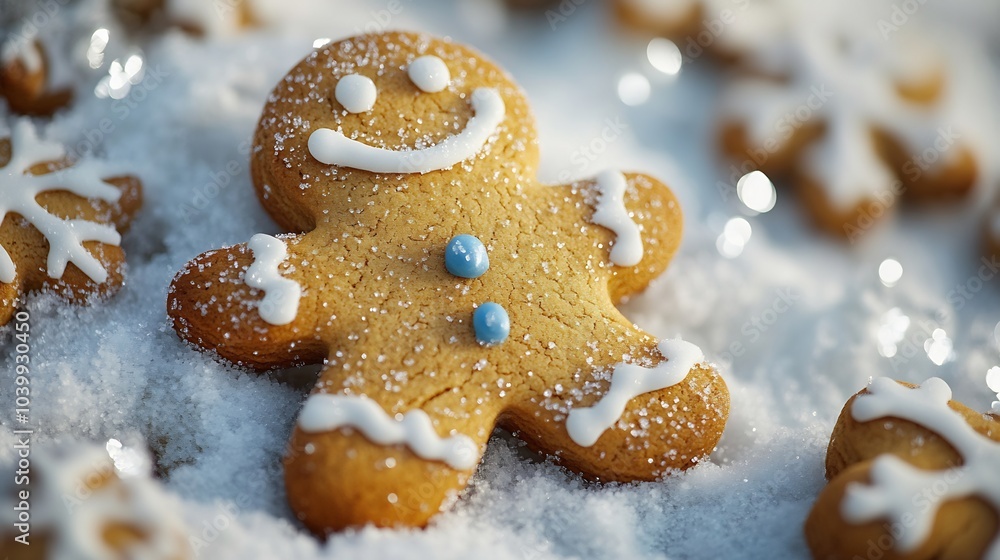 Closeup of smiling Gingerbread Man Cookie dusted with sugar snowflakes sparkling as they drift down creating a cozy yet magical winter scene Closeup of smiling Gingerbread Man Cookie dusted with sugar snowflakes sparkling as they drift down creating a cozy yet magical winter scene