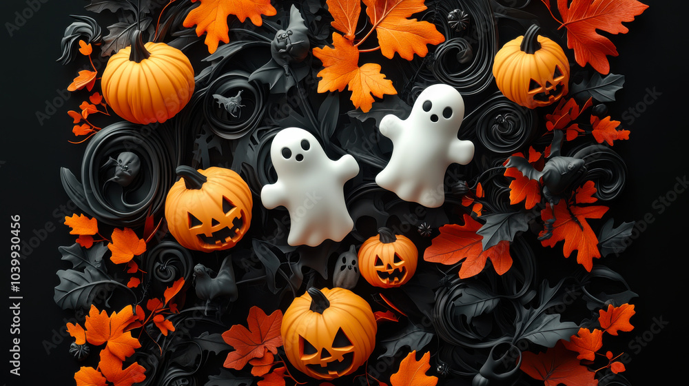 ghost and pumpkins on a gray background helloween day ghost and pumpkins on a gray background helloween day