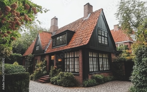 A charming, traditional house with a tiled roof surrounded by lush greenery.