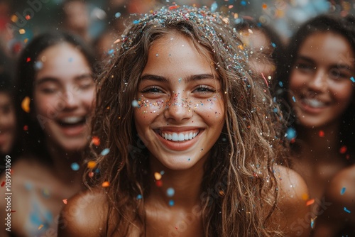 Party celebration friends concept - young and adult women laughing and blowing confetti together - friendship and love for lifestyle with mixed generation of active people