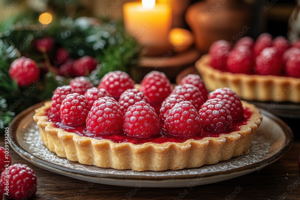 cozy kitchen setting, a cozy kitchen scene with homemade wreaths and candlelight featuring single-serving raspberry tarts on a rustic plate cozy kitchen setting, a cozy kitchen scene with homemade wreaths and candlelight featuring single-serving raspberry tarts on a rustic plate
