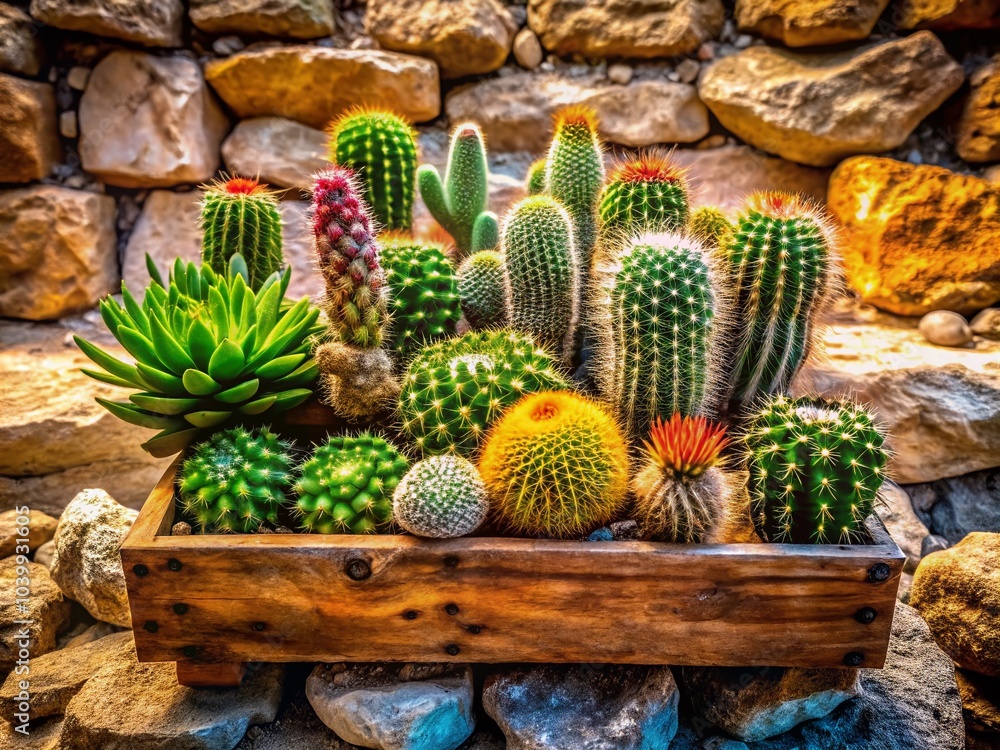 Drone Photography of Cacti in Box Against Natural Stone Wall in Mallorca with Bright Vertical Background Drone Photography of Cacti in Box Against Natural Stone Wall in Mallorca with Bright Vertical Background