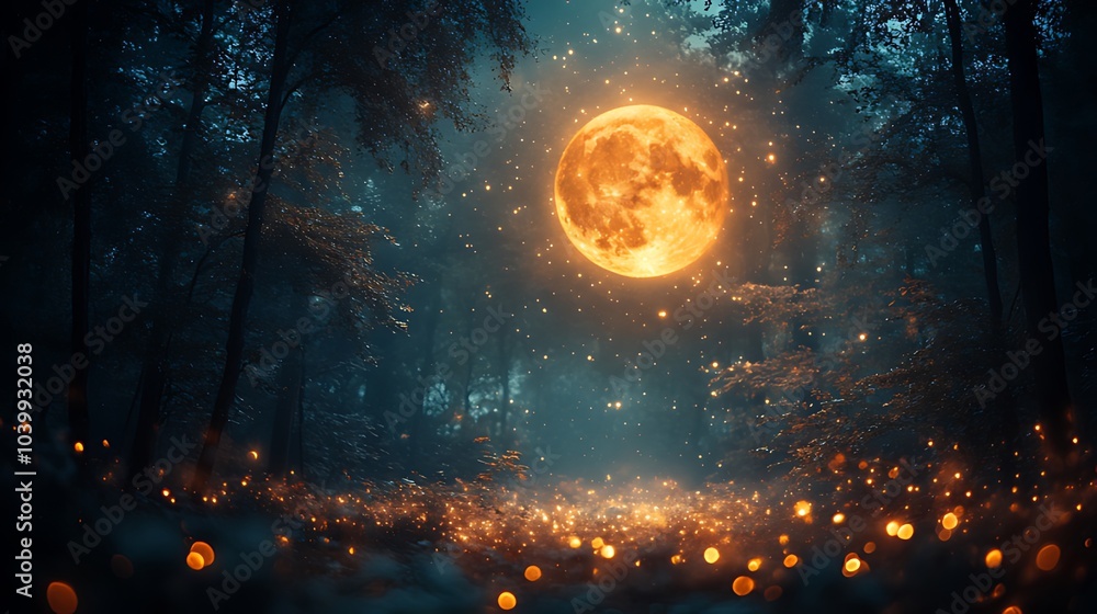 A large, full, orange moon hangs in the sky over a dark, misty forest with glowing lights on the ground. A large, full, orange moon hangs in the sky over a dark, misty forest with glowing lights on the ground.