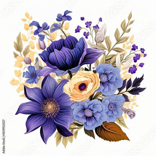 Bunch of blue and purple flowers on a white background. photo