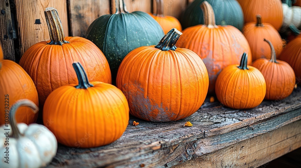 Various pumpkins displayed on a wooden table, showcasing autumn harvest colors. Various pumpkins displayed on a wooden table, showcasing autumn harvest colors.