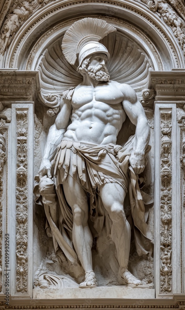 Fototapeta premium Marble sculpture of a Roman warrior in an archway.