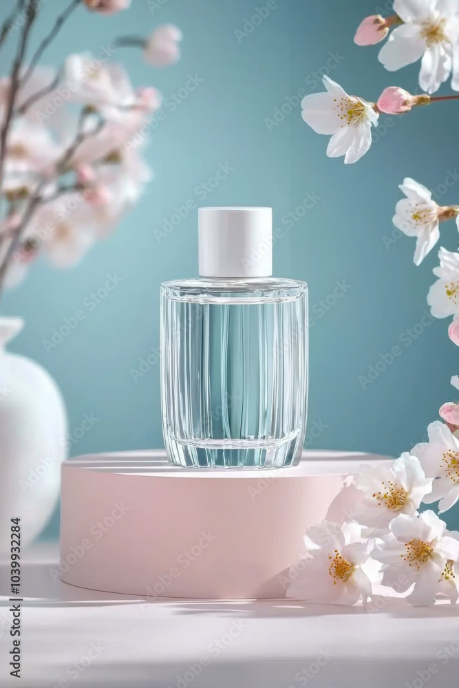 Realistic pink perfume bottle on the catwalk to advertise a perfume brand Realistic pink perfume bottle on the catwalk to advertise a perfume brand