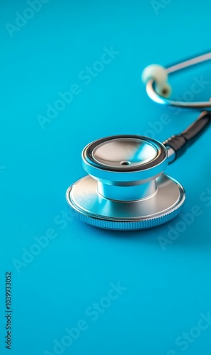 Silver stethoscope on blue background.