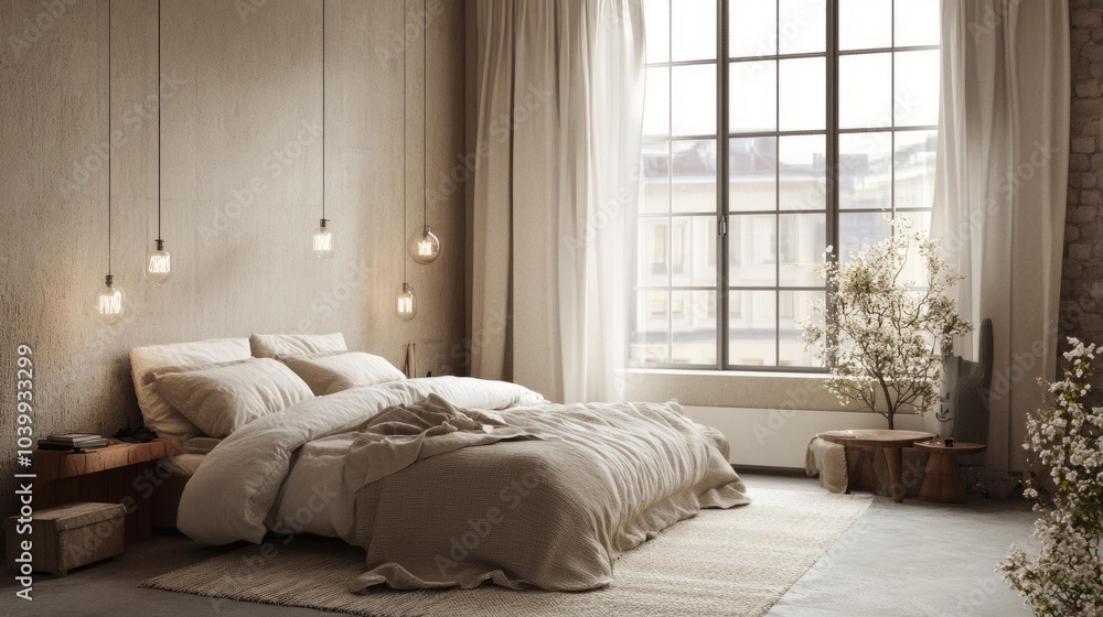 Loft-style bedroom in a Scandinavian apartment with soft textiles, muted colors, and modern light fixtures. Loft-style bedroom in a Scandinavian apartment with soft textiles, muted colors, and modern light fixtures.