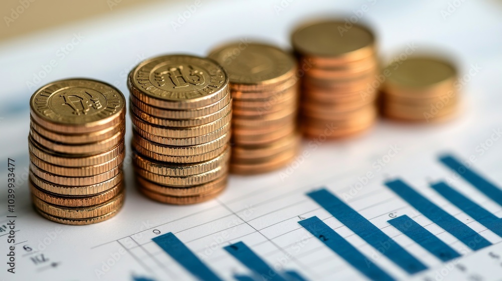 Stacks of coins on a balance sheet with a rising graph in the background, symbolizing positive market trends and the concept of wealth growth Stacks of coins on a balance sheet with a rising graph in the background, symbolizing positive market trends and the concept of wealth growth