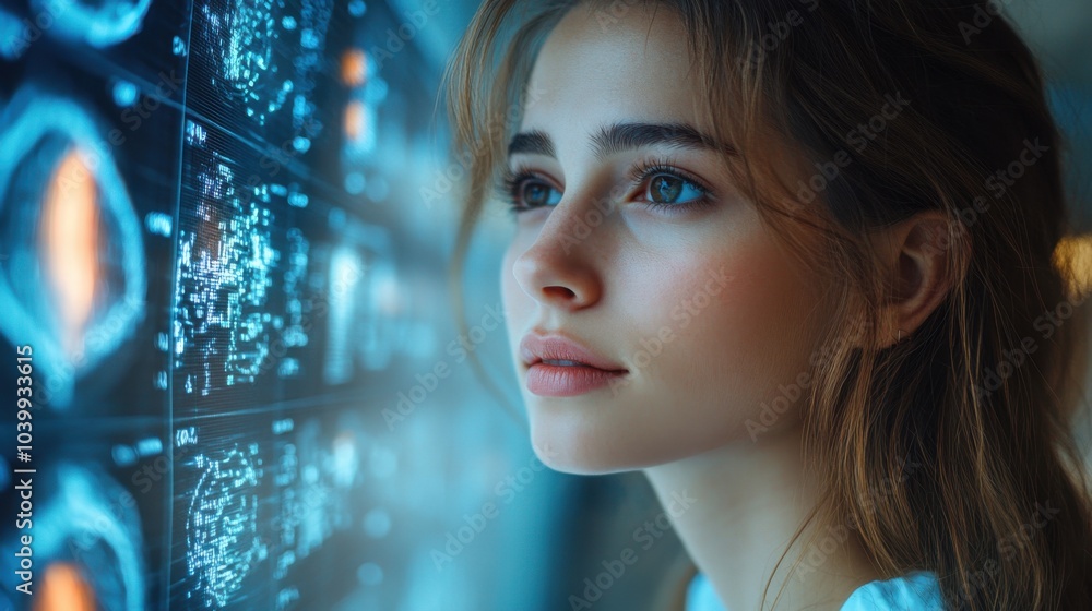 A woman gazes thoughtfully at digital data displays. A woman gazes thoughtfully at digital data displays.