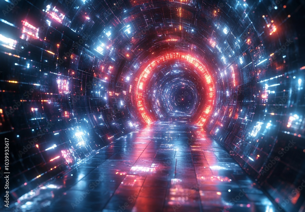 A neon background is created in three dimensions, surrounded by glowing rectangular frames in cyber space, a fantastic scene in virtual reality, and a road runs in between walls of blocks under the A neon background is created in three dimensions, surrounded by glowing rectangular frames in cyber space, a fantastic scene in virtual reality, and a road runs in between walls of blocks under the