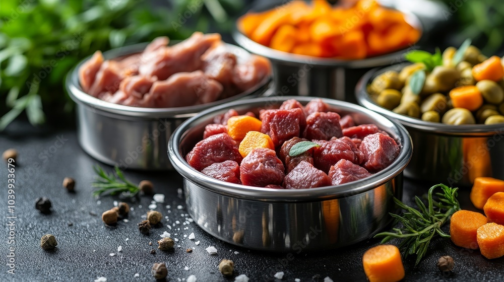 Stainless steel pet bowls filled with organic food, photographed in natural light, surrounded by fresh ingredients like raw meat and carrots Stainless steel pet bowls filled with organic food, photographed in natural light, surrounded by fresh ingredients like raw meat and carrots