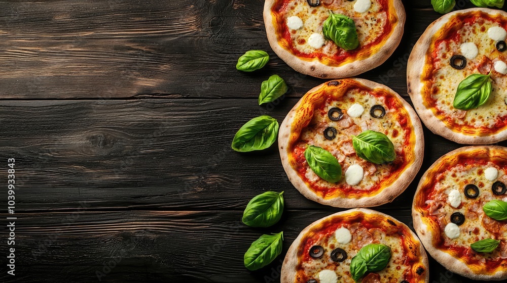 Delicious pizzas topped with fresh basil on a rustic wooden table. Delicious pizzas topped with fresh basil on a rustic wooden table.