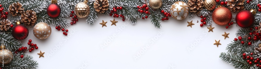 Close-up of fir green branches decorated with gold stars, fir cones and red berries as part of a festive Christmas border. Close-up of fir green branches decorated with gold stars, fir cones and red berries as part of a festive Christmas border.