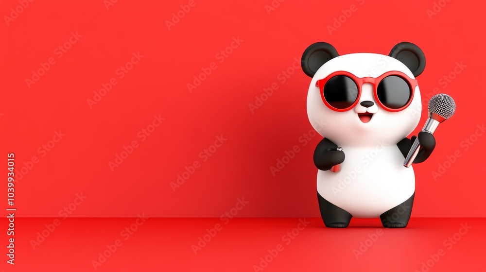 A cute panda wearing sunglasses holds a microphone on a red background. A cute panda wearing sunglasses holds a microphone on a red background.