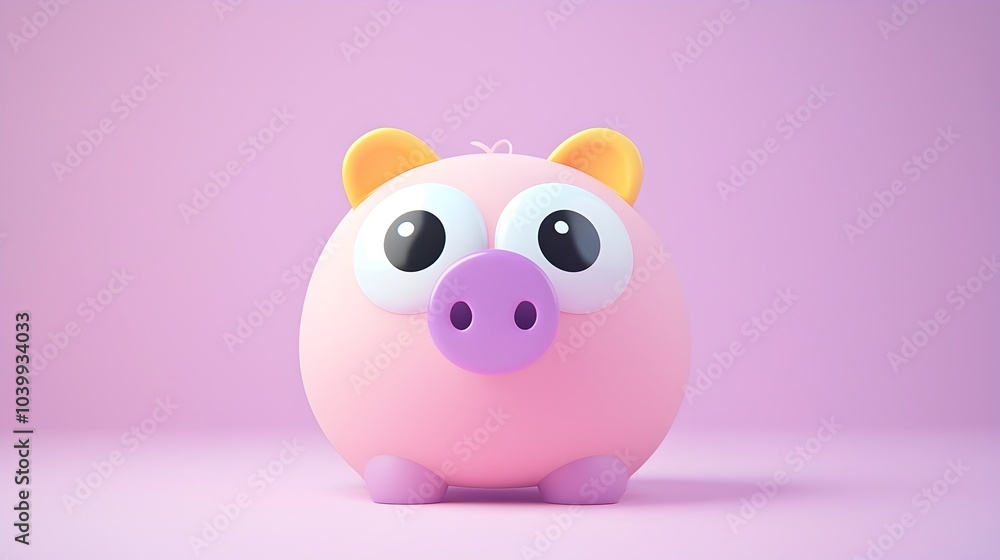Adorable 3D Piggy Bank Icon with Oversized Eyes and Pastel Colors Representing Savings and Adorable 3D Piggy Bank Icon with Oversized Eyes and Pastel Colors Representing Savings and