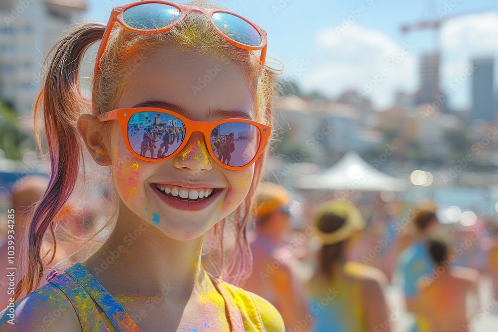 Portrait of girl in sunglasses laughing at Holi paint party Portrait of girl in sunglasses laughing at Holi paint party