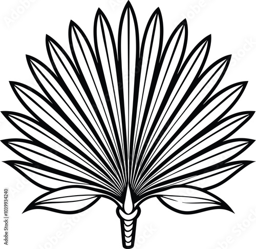 Ornate Palmetto Fan Engraving Black and White Outline, Illustration on White Background.