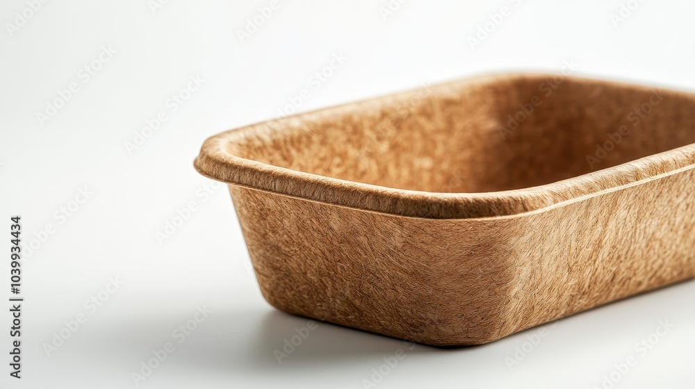 Stylish bagasse food container, close-up focus, natural fibers and texture, highlighted against a solid white background, elegant packaging concept Stylish bagasse food container, close-up focus, natural fibers and texture, highlighted against a solid white background, elegant packaging concept