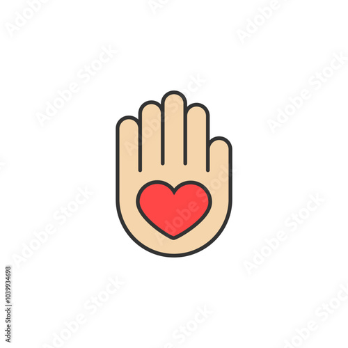 Heart icon inside a palm. The hand holds a heart in an open palm. Color vector.