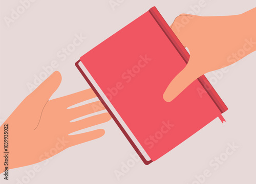 A Person’s Hand Taking A Book With Red Cover From Another Person’s Hand.