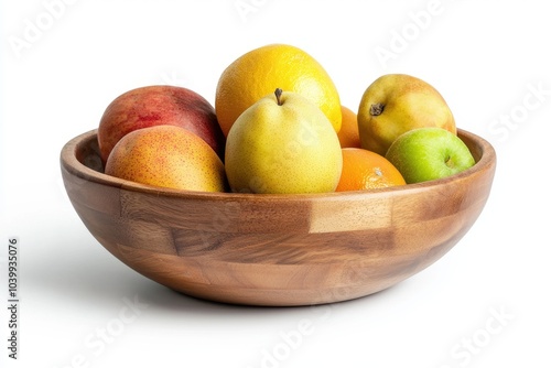 Fresh assorted fruits in a wooden bowl on a white isolated background. photo