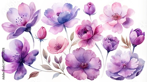 Watercolor illustration of violet flowers with leaves and buds. Bouquet of field violets. watercolor floral roses, bellflower, buds, leaves, branches in pastel pink, grey, blue, violet, purple color 