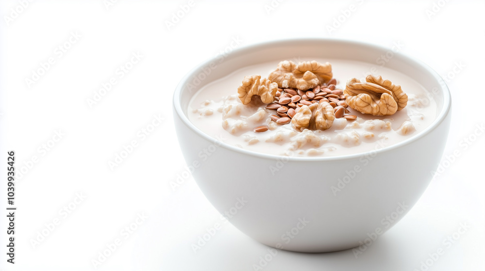 Creamy yogurt topped with walnuts and flaxseeds in white bowl, showcasing healthy and nutritious breakfast option. Creamy yogurt topped with walnuts and flaxseeds in white bowl, showcasing healthy and nutritious breakfast option.