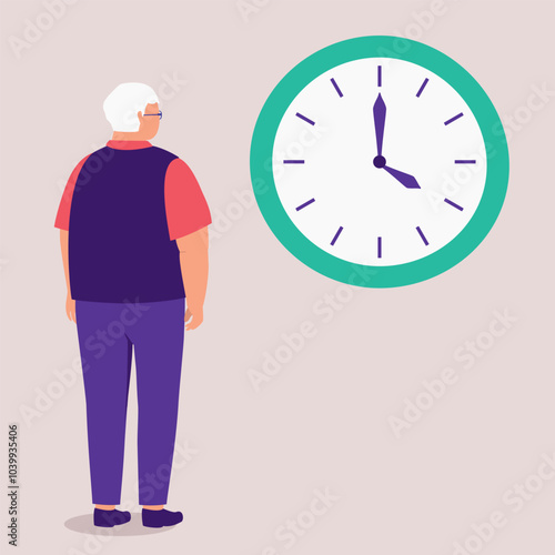 Back View Of One Elderly Man Standing And Looking In Front Of The Round Shape Wall Clock While Waiting For Time To Pass.