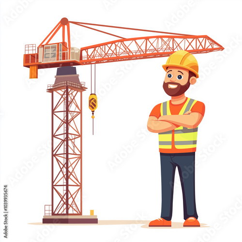 Cartoon Construction Worker with Crane