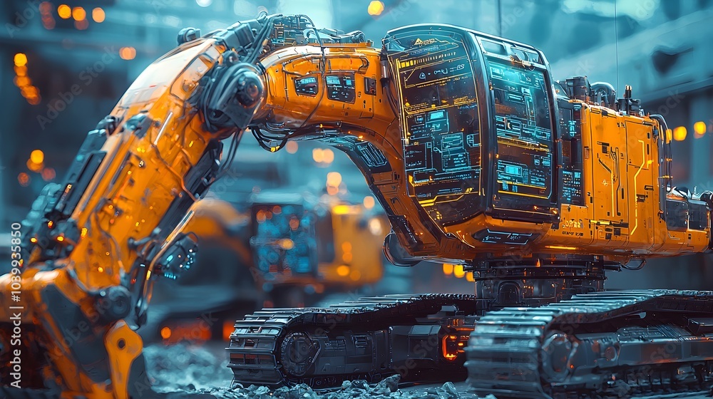 Close-up of a construction excavator, gears and hydraulics exposed, holographic interface overlay, sci-fi aesthetic, blue sky, vibrant colors, glowing lines Close-up of a construction excavator, gears and hydraulics exposed, holographic interface overlay, sci-fi aesthetic, blue sky, vibrant colors, glowing lines