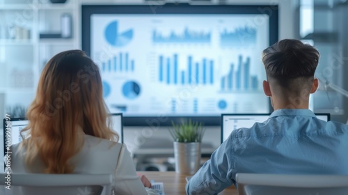 Two professionals analyzing data on a screen in a modern office environment.