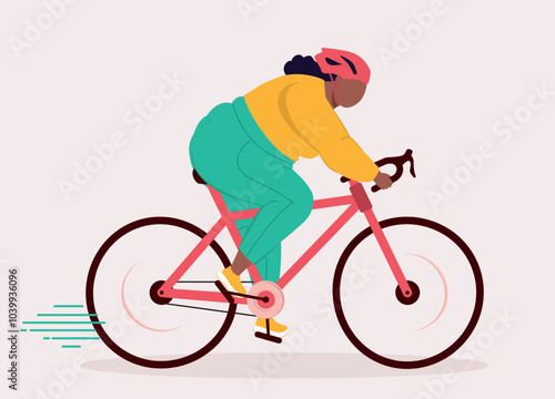 Side View Of One Overweight Black Woman In Activewear And Helmet Riding A Racing Bicycle.