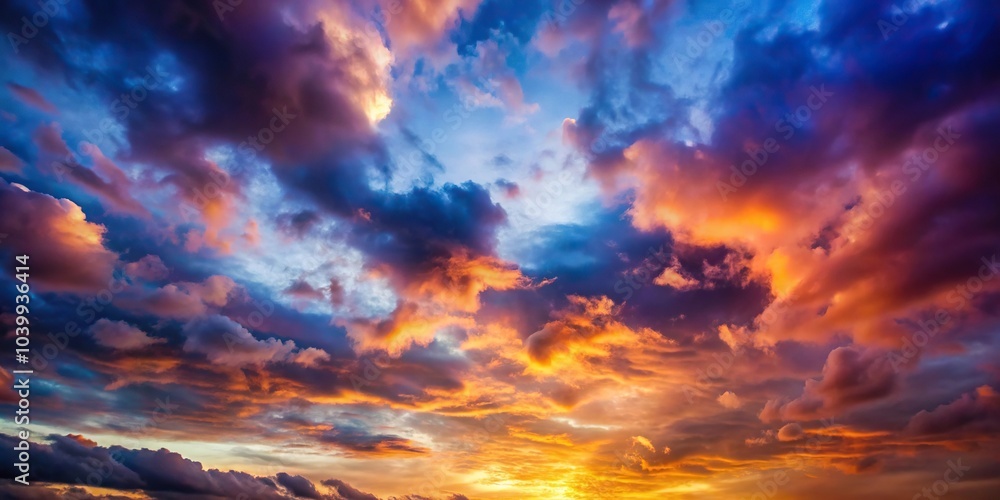 Close-Up Sky and clouds in twilight Background in blue lila and orange tones with dark and light clouds Close-Up Sky and clouds in twilight Background in blue lila and orange tones with dark and light clouds