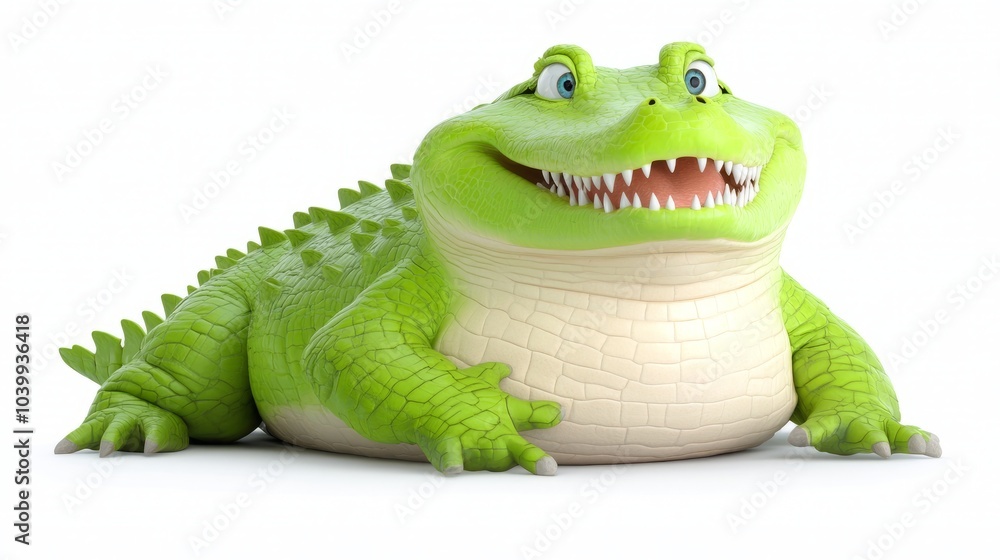 Naklejka premium A happy green cartoon alligator with sharp teeth, sitting with his mouth slightly open, looking to the right side.