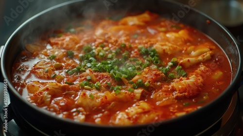 A bowl of spicy kimchi stew bubbling with ingredients and garnished with green onions.