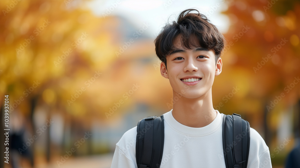 young man smiles brightly in picturesque autumn setting, surrounded by vibrant orange and yellow leaves. His cheerful expression reflects beauty of season. young man smiles brightly in picturesque autumn setting, surrounded by vibrant orange and yellow leaves. His cheerful expression reflects beauty of season.
