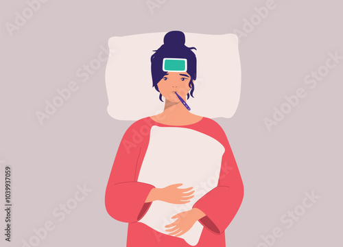 Top View Of One Young Woman Lying Down With Cooling Gel Patch On Forehead And Taking An Oral Temperature With A Digital Thermometer.