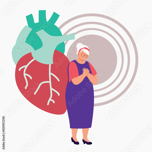 One Elderly Woman With Both Hands Pressing On Chest Having A Heart Disease. Heart Attack.
