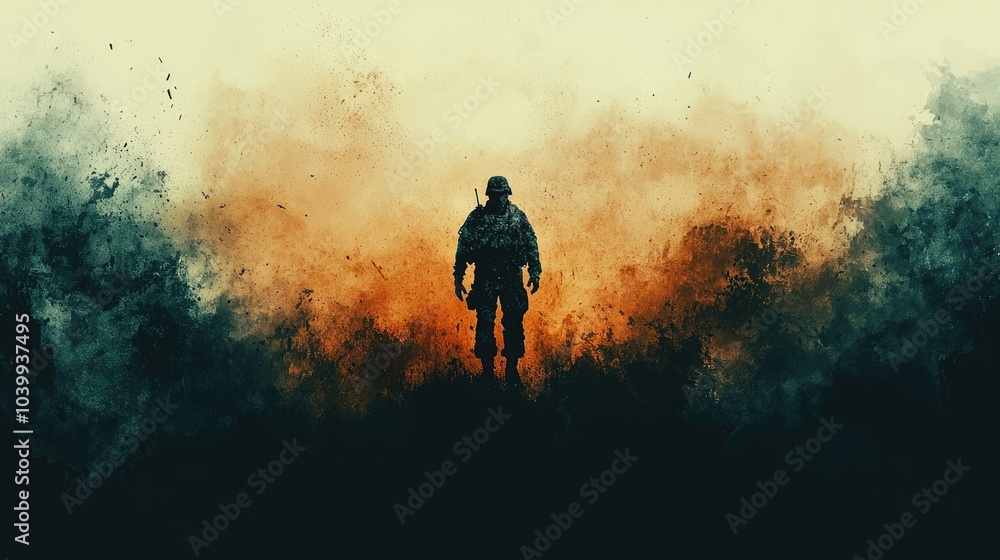 Fototapeta premium A silhouetted soldier stands amidst a swirling smoke and fire background, representing the intensity and chaos of war.