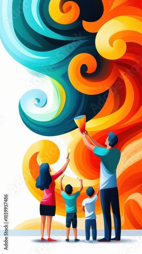 Family Painting a Colorful Mural Together