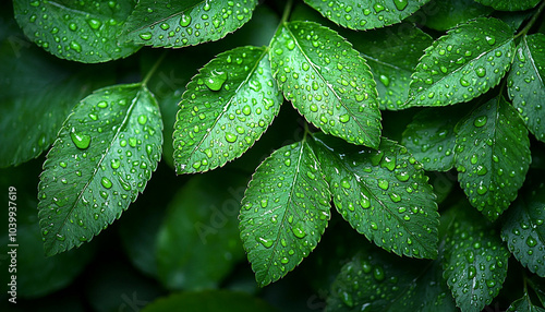 Green leaf drop, fresh plant macro dew wet generated by AI