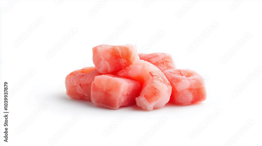 Frozen pink fish cubes are stacked on white background, showcasing their vibrant color and texture. Frozen pink fish cubes are stacked on white background, showcasing their vibrant color and texture.