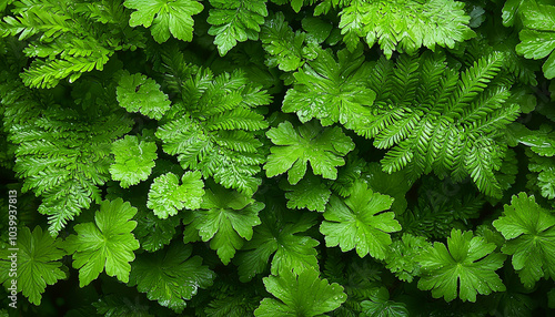 Green plant growth in summer forest, vibrant colors generated by AI
