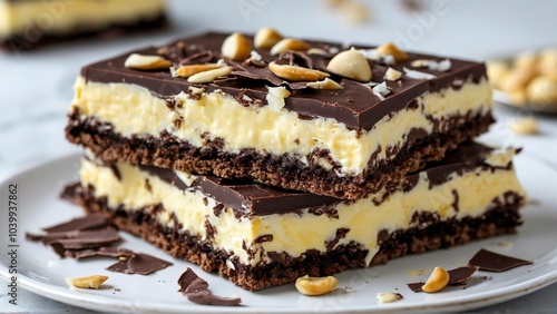 Nanaimo Bars – A no-bake dessert bar with layers of chocolate, custard, and a crumbly base of nuts and coconut photo