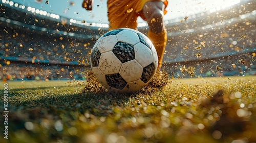 Determined soccer player kicking ball in stadium, ball in mid-air, anticipation, skill, spectators, field, players' movements, ball trajectory