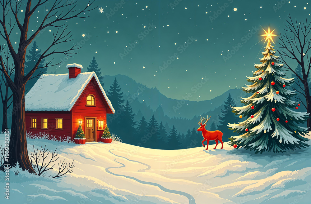 Fototapeta premium christmas card with deer and christmas decorated tree with space for text on blue snowy background