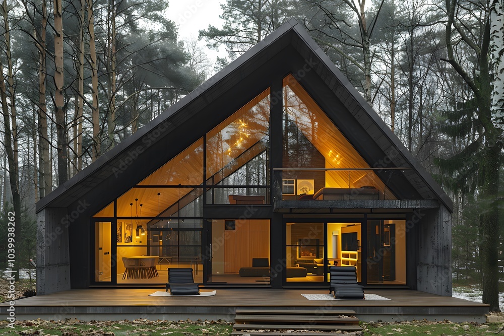 Modern A-Frame Cabin Surrounded by Serene Forest Landscape Modern A-Frame Cabin Surrounded by Serene Forest Landscape