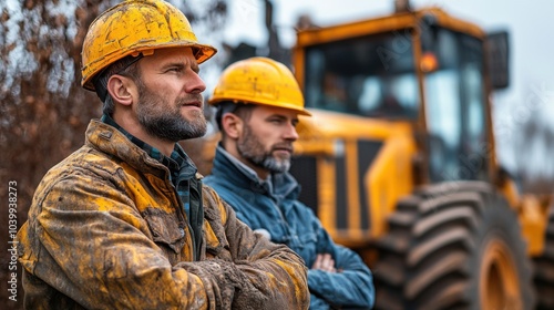 Two construction workers in hard hats observing machinery.